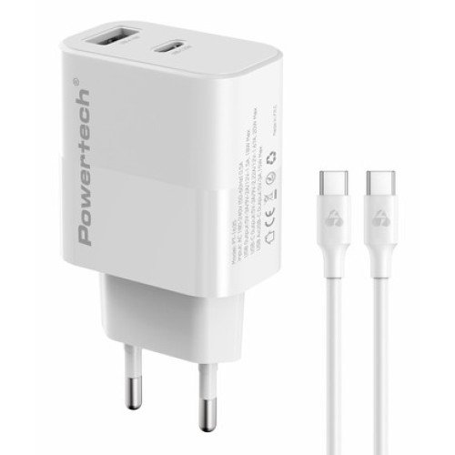 Powertech POWERTECH φορτιστής τοίχου PT-1635 με καλώδιο, USB/USB-C, 20W, λευκός