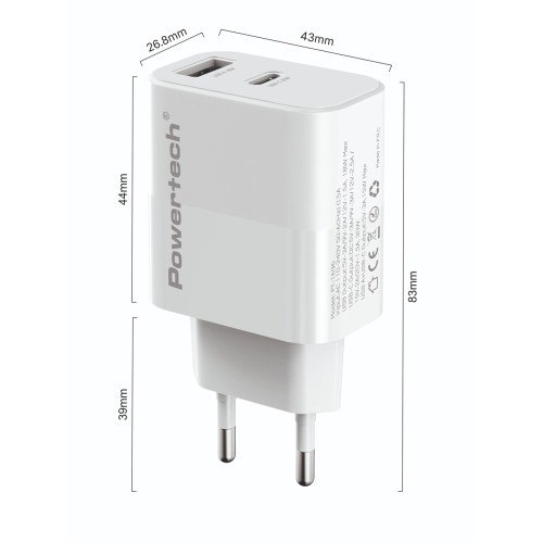 Powertech POWERTECH φορτιστής τοίχου PT-1636 με καλώδιο, USB/USB-C, 30W, GaN, λευκός