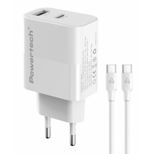Powertech POWERTECH φορτιστής τοίχου PT-1636 με καλώδιο, USB/USB-C, 30W, GaN, λευκός