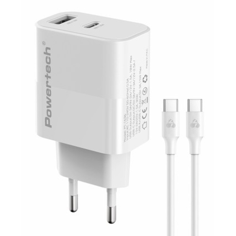 Powertech POWERTECH φορτιστής τοίχου PT-1636 με καλώδιο, USB/USB-C, 30W, GaN, λευκός