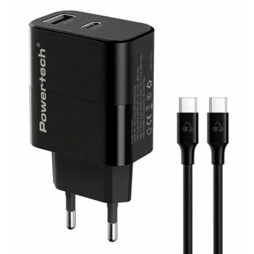 Powertech POWERTECH φορτιστής τοίχου PT-1637 με καλώδιο, USB/USB-C, 20W, μαύρος