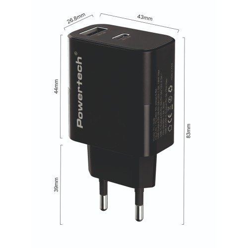 Powertech POWERTECH φορτιστής τοίχου PT-1638 με καλώδιο, USB/USB-C, 30W, GaN, μαύρος