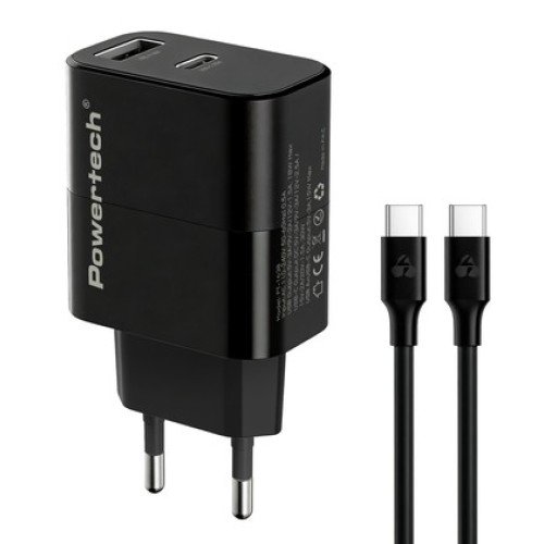 Powertech POWERTECH φορτιστής τοίχου PT-1638 με καλώδιο, USB/USB-C, 30W, GaN, μαύρος