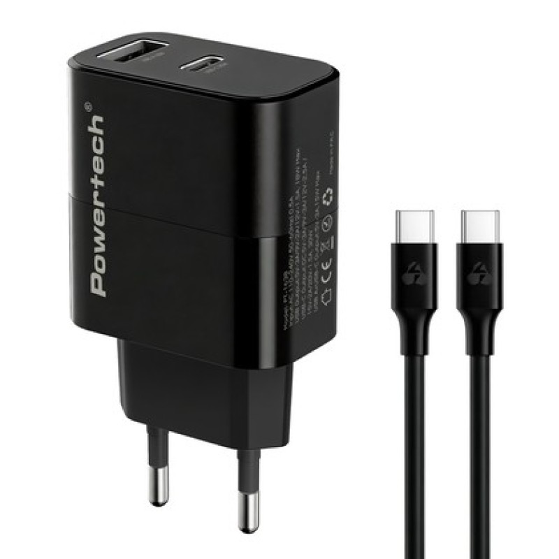Powertech POWERTECH φορτιστής τοίχου PT-1638 με καλώδιο, USB/USB-C, 30W, GaN, μαύρος